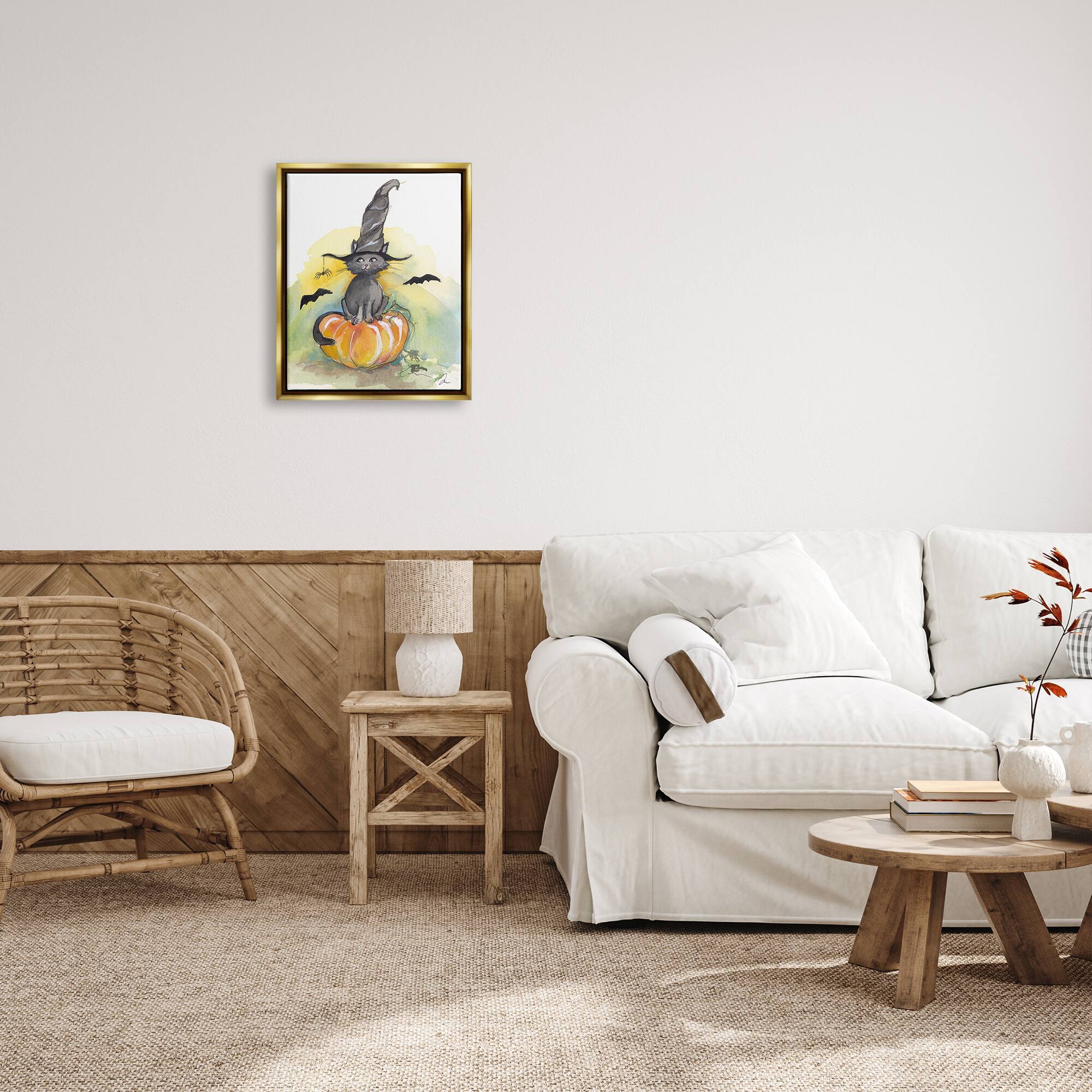 Stupell Industries Witch Cat on Pumpkin Framed Floater Canvas Wall Art